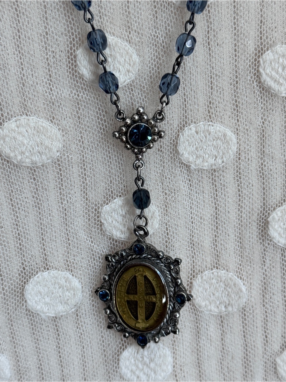 Virgins Saints & Angels VSA Saint Benedict medallion cross necklace silver blue
